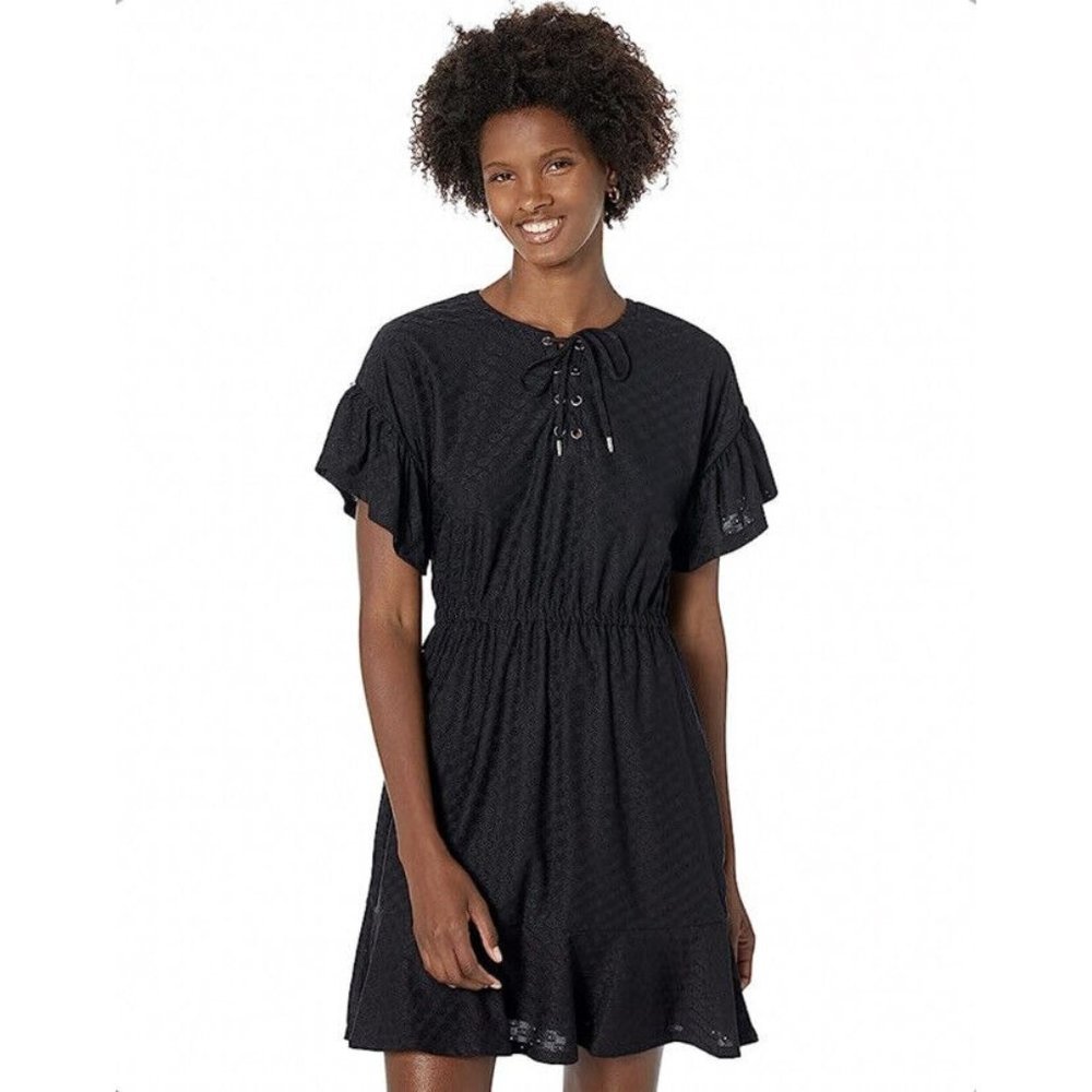 MICHAEL Michael Kors Lace -Up Ruffle Sleeve Smocked Mini Dress Black L